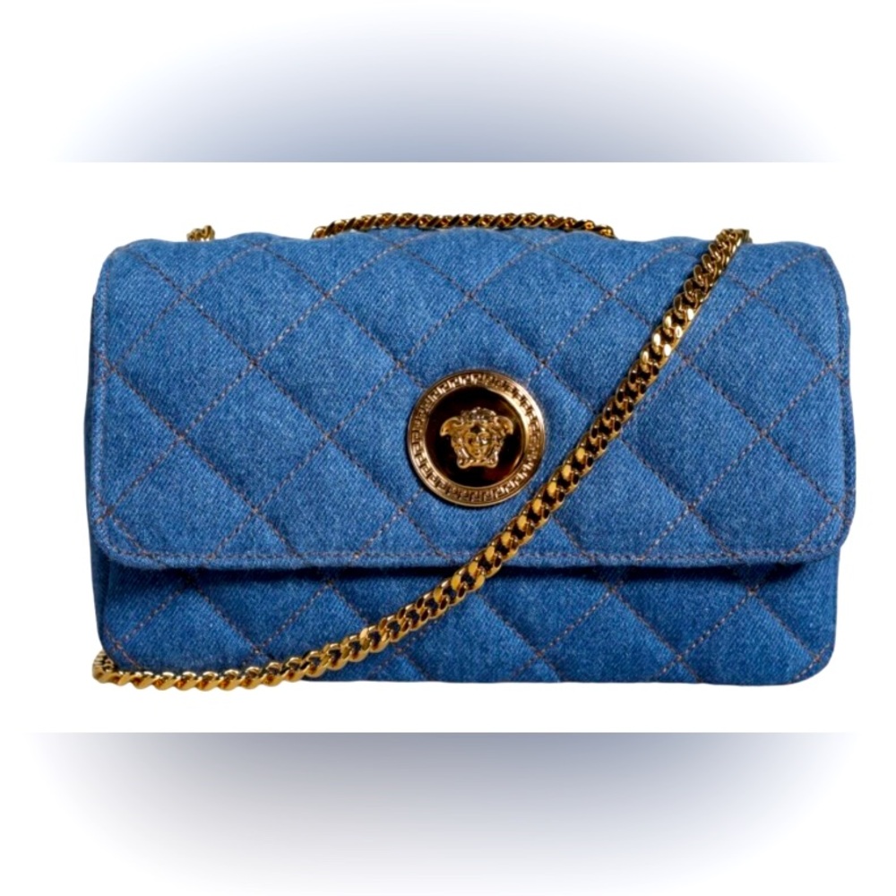 VERSACE Bag Blue Quilted Denim Leather Crossbody Shoulder Women Borse